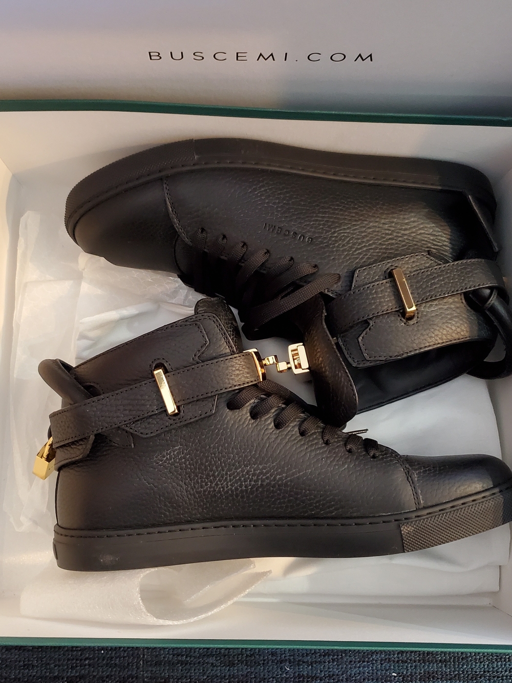Buscemi Men's Black Leather High-Top Sneakers with Gold Hardware Accents